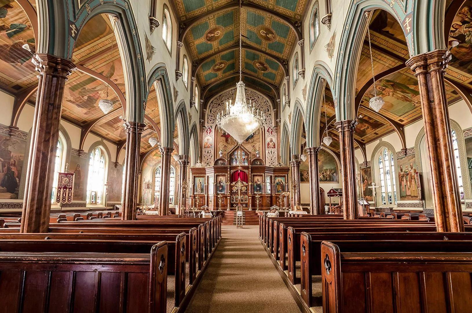 The hand-carved oak iconostasis, installed 1909