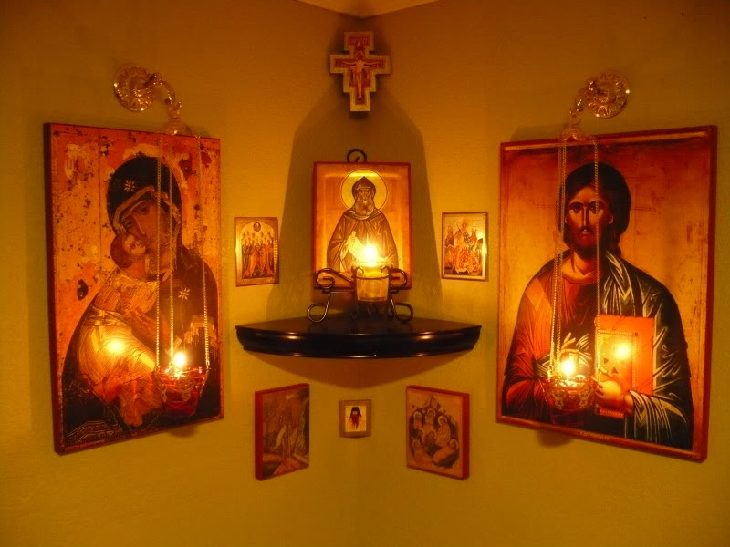 Orthodox icon corner (krasny ugol) with oil lamp and icons