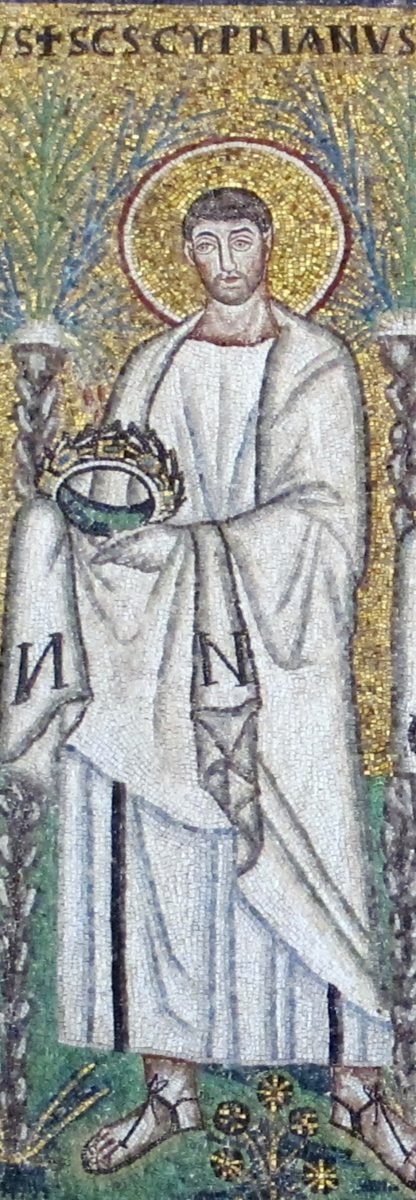 Sixth-century mosaic of St. Cyprian of Carthage carrying a martyr's crown, Sant'Apollinare Nuovo, Ravenna