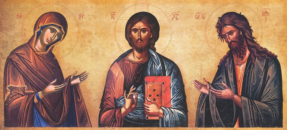 A Deesis composition: Christ flanked by the Theotokos and the Forerunner