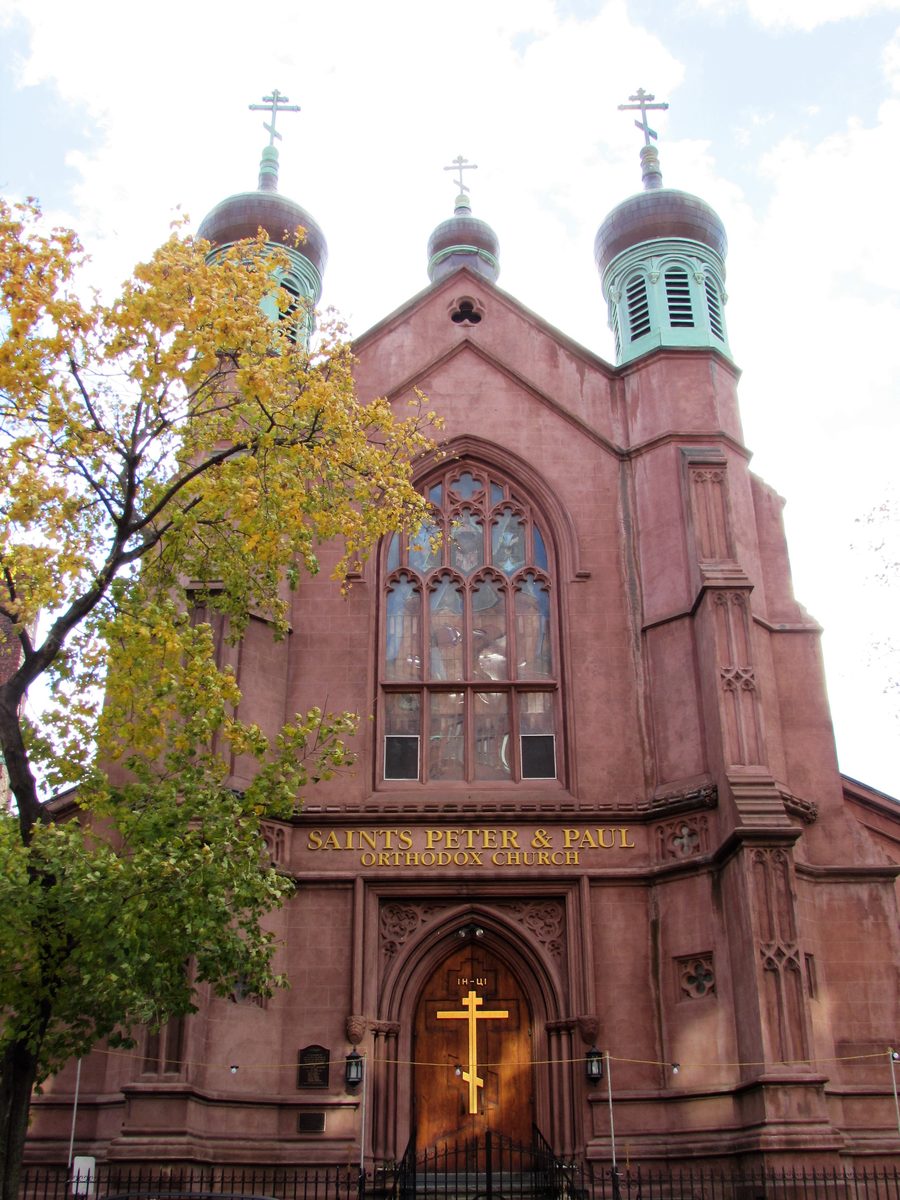 The exterior of Saints Peter and Paul Cathedral on Grand Street