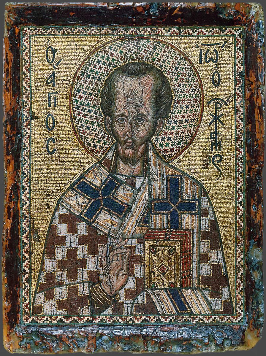 Fourteenth-century Greek mosaic icon of St. John Chrysostom blessing