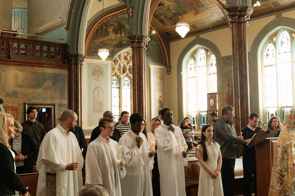 The congregation standing during the Liturgy