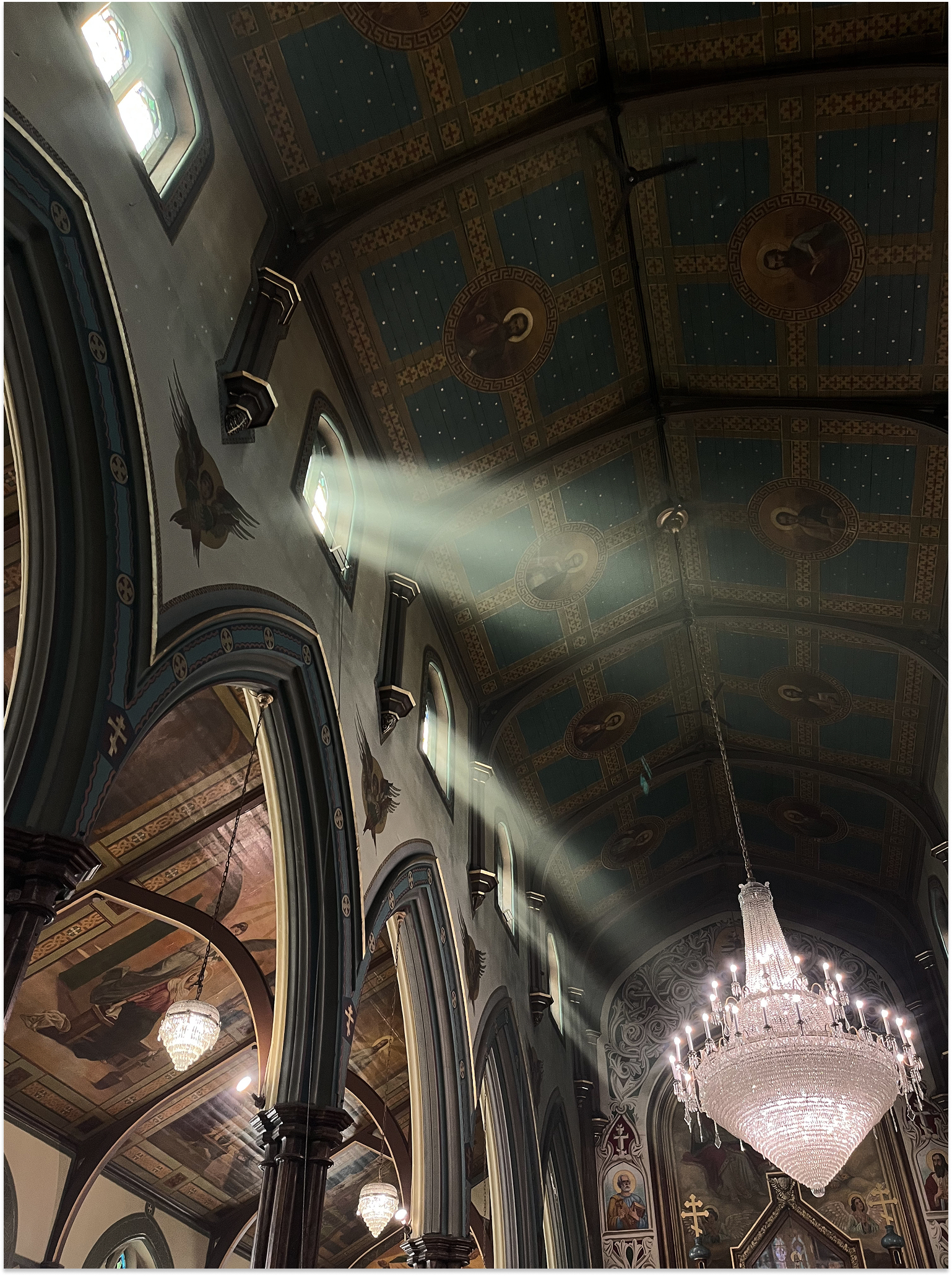 Evening light streaming through the nave of the cathedral